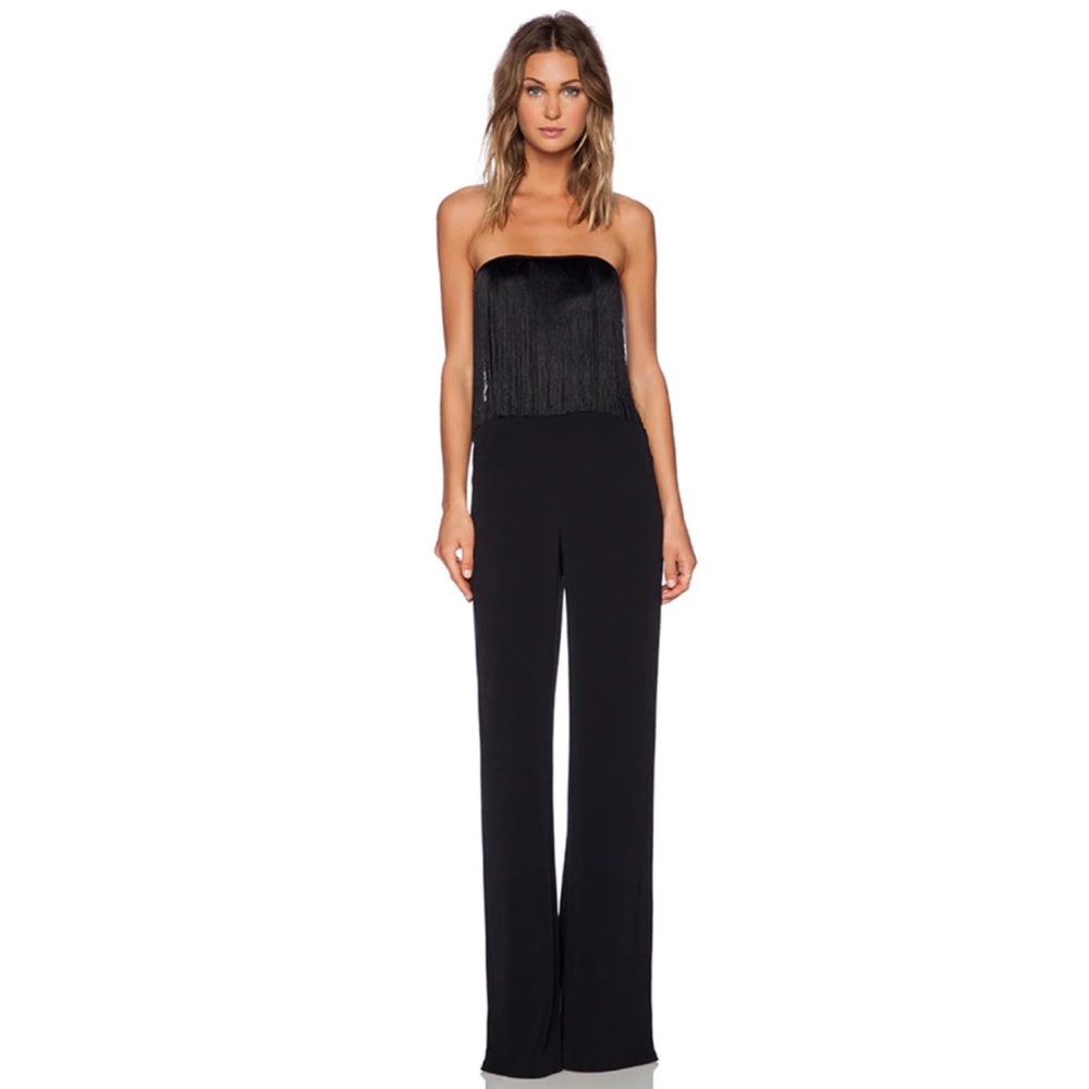 Alexis Vite Black Strapless Crepe Fringe Trim Jumpsuit XS